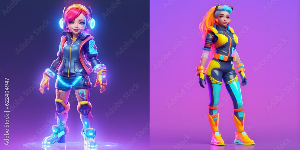 3D cartoon metaverse set. Character in vibrant neon colors, a cyberpunk vibe. Front view. Charm and a touch of futuristic flair. Generative ai. 3D cartoon metaverse set. Character in vibrant neon colors, a cyberpunk vibe. Front view. Charm and a touch of futuristic flair. Generative ai.