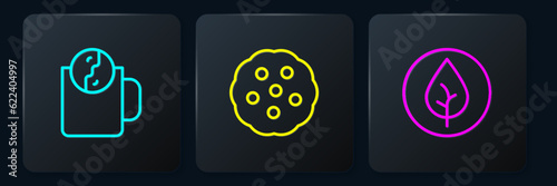 Set line Tea time, leaf and Cookie or biscuit. Black square button. Vector