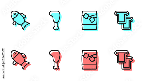 Set line Glass of whiskey with ice, Fish, Chicken leg and Bread toast icon. Vector