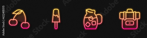 Set line Jug glass with water, Cherry, Ice cream and Hiking backpack. Glowing neon icon. Vector