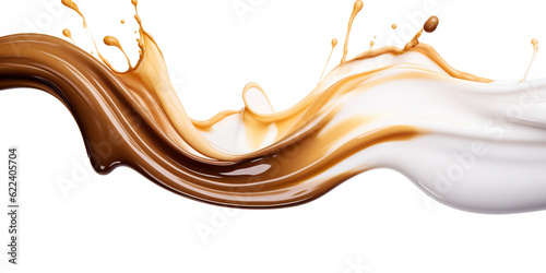 A splash of liquid and chocolate on a white surface. Generative AI.