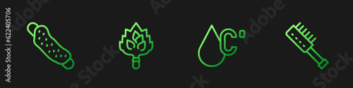 Set line Water temperature, Washcloth, Sauna broom and brush. Gradient color icons. Vector
