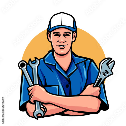mechanic  logo. Cartoon character vector illustration.