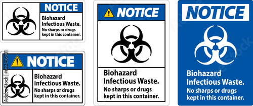 Notice Label Biohazard Infectious Waste, No Sharps Or Drugs Kept In This Container