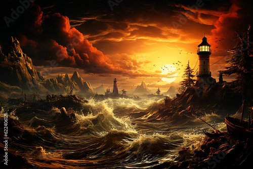 Lighthouse on a rock illuminating the sea in a stormy red sunset