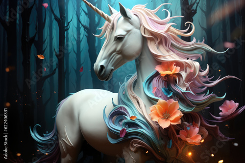 A white unicorn with a long mane in a forest. Generative AI.