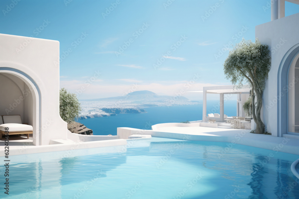 Luxury hotel resort with swimming pool. Lounge zone in villa with modern exterior made of white stone. Created with Generative AI