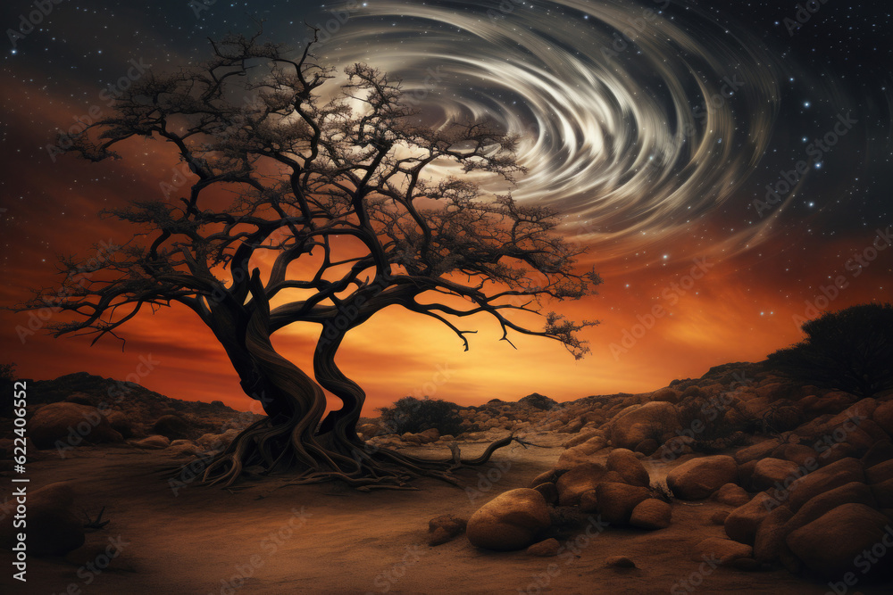 Lonely dried tree in desert landscape at twilight. Dead tree silhouette at night with starry sky. Beautiful landscape. Created with Generative AI Lonely dried tree in desert landscape at twilight. Dead tree silhouette at night with starry sky. Beautiful landscape. Created with Generative AI