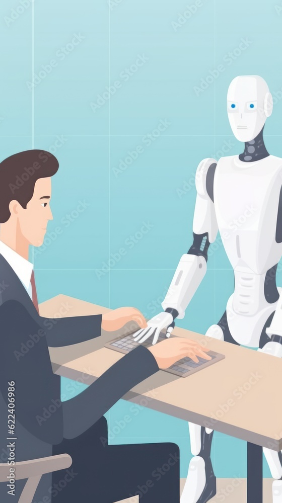 Man human sitting with robot behind the table, shaking hands, on job interview or negotiations with artificial intelligence. Cooperation, collaboration or partnership between human and robot concept. Man human sitting with robot behind the table, shaking hands, on job interview or negotiations with artificial intelligence. Cooperation, collaboration or partnership between human and robot concept.