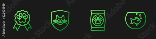 Set line Bag of food for pet, Pet award symbol, Animal health insurance and Aquarium with fish. Gradient color icons. Vector