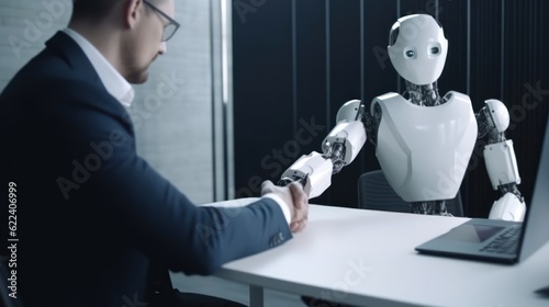 Man human sitting with robot behind the table, shaking hands, on job interview or negotiations with artificial intelligence. Cooperation, collaboration or partnership between human and robot concept.