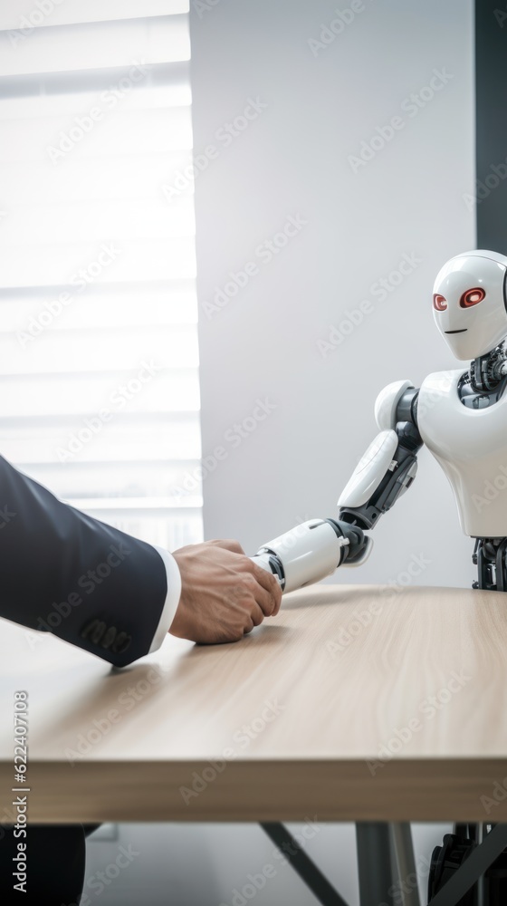 Man human sitting with robot behind the table, shaking hands, on job interview or negotiations with artificial intelligence. Cooperation, collaboration or partnership between human and robot concept.