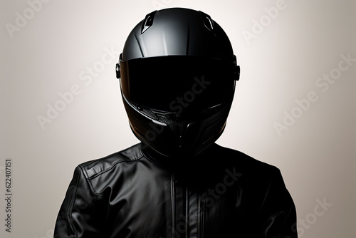 Fotografiet a motorcycle rider posing with a black helmet on a white background