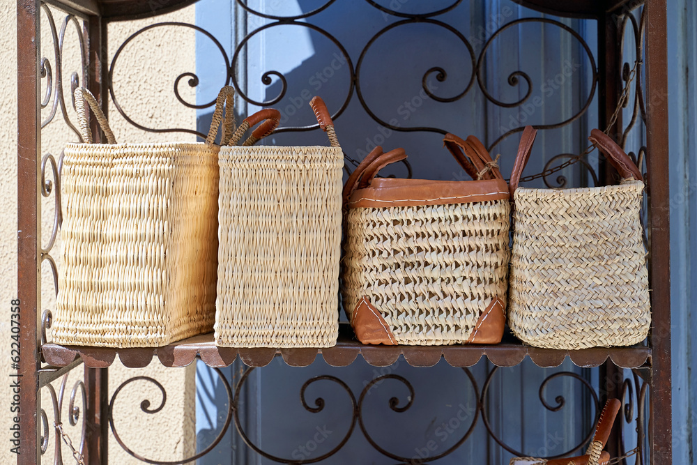 Traditional straw bags on sale in Nice, France
