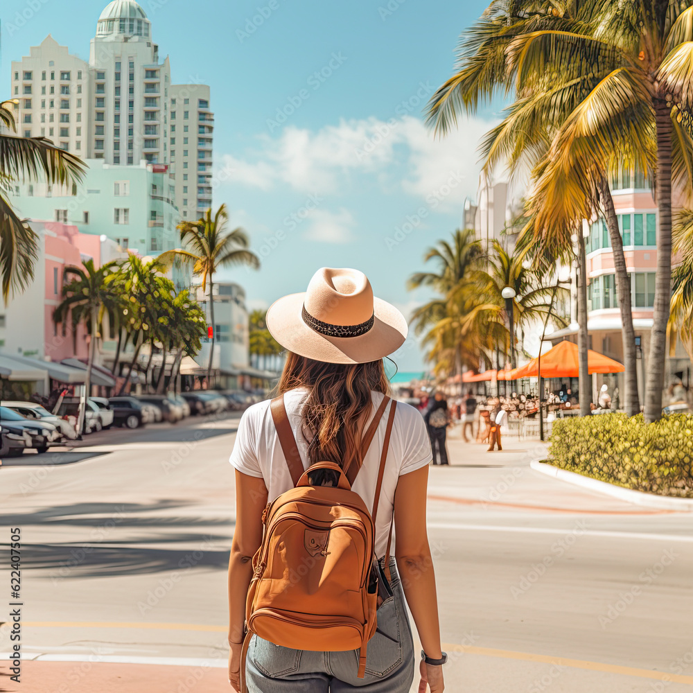 Naklejka premium Young woman from behind looks out over Ocean Drive in South Beach Miami Florida USA