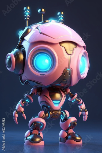 A pink robot with glowing blue eyes. Generative AI. © Friedbert