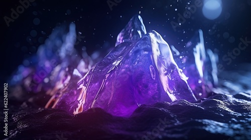 3d ice crystal landscape. Cold frozen ice mountain. Iceberg broken pieces of ice. Generative AI. Illustration for banner, poster, cover, brochure or presentation.