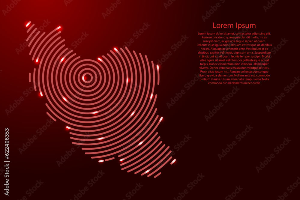 Iran map from futuristic concentric red circles and glowing stars for banner, poster, greeting card Iran map from futuristic concentric red circles and glowing stars for banner, poster, greeting card