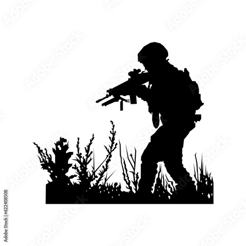 simple vector silhouette of a warrior in the grass. isolated vector illustration