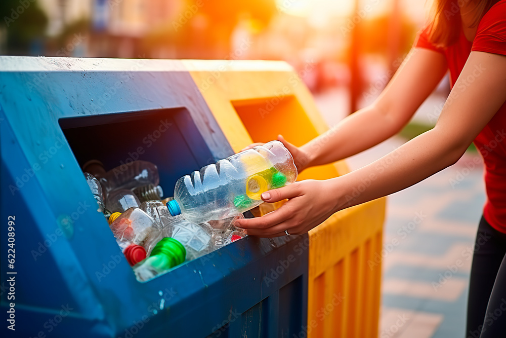 Hand throwing plastic bottle recycling container garbage sorting