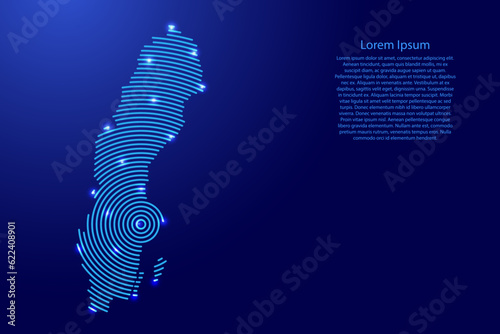 Sweden map from futuristic concentric blue circles and glowing stars for banner, poster, greeting card