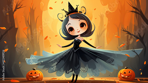 painting style illustration cute Halloween witch princess wearing beautiful gown walking in autumn forset, Generative Ai photo