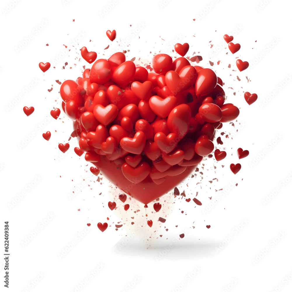 Hundreds of red 3D hearts on a white background