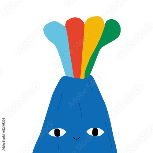 Cute cartoon volcano with rainbow lava. Childish graphic. Vector hand drawn illustration.