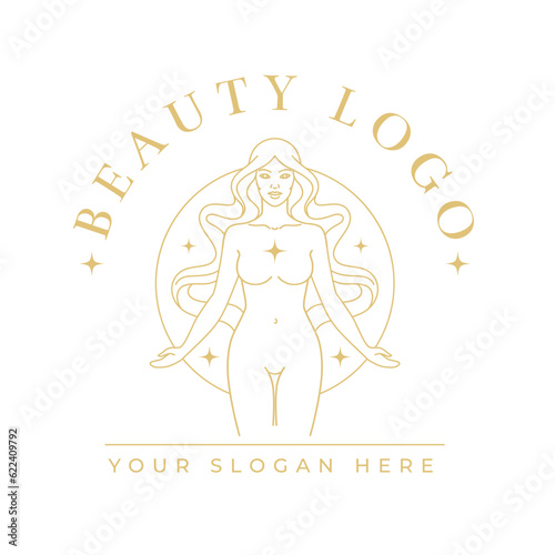 Beautiful woman with long hair logo. Antique Retro style Greek goddess sign. Elegant female face and naked body monochrome hand drawn magical emblem.
