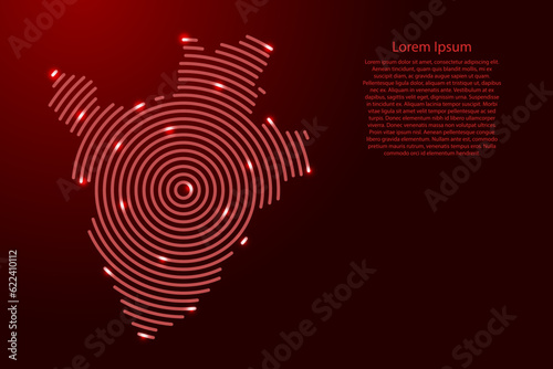 Burundi map from futuristic concentric red circles and glowing stars for banner, poster, greeting card