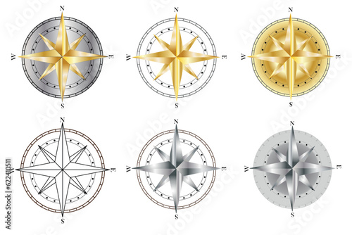 Compass icons set. Compass rose sign. Windrose symbol. Nautical wind rose icon. Vintage compass. Compasses for travel map. Navigation arrow symbols.