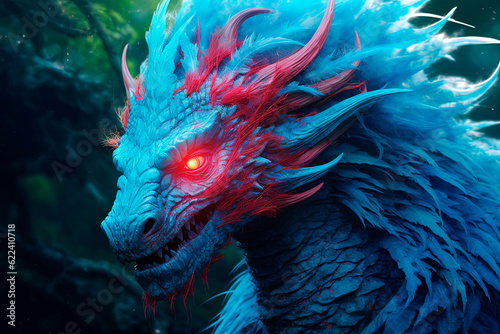 A humanoid dragon with cyan skin and red eyes. Generative AI 