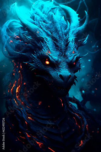 A humanoid dragon with cyan skin and red eyes. Generative AI  © Oleksandr