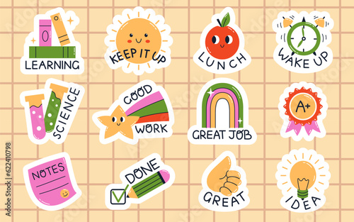 Vector collection of funny school stickers for study. Set with trendy phrases and elements for school day planner. Back to school sticker pack. Motivation stickers for study routine.
