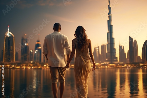 Obraz na plátně Young couple traveling and walking in Dubai, United Arab Emirates