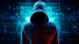 Abstract image of unrecognizable hacker cyber criminal in hood with dark space and matrix instead of face isolated on blue digital background. Security system cyber attack.