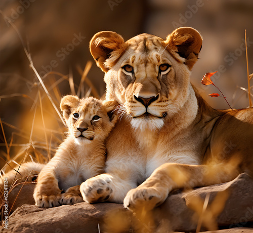 Lioness cuddles with her young cub - AI generated 