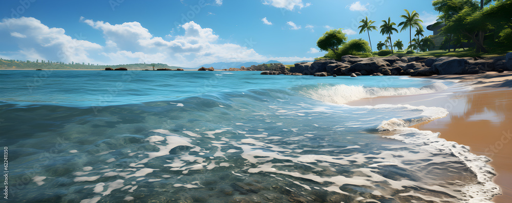 Tranquil Tropical Shoreline with Palm Trees and Panoramic Ocean Views - AI generated
