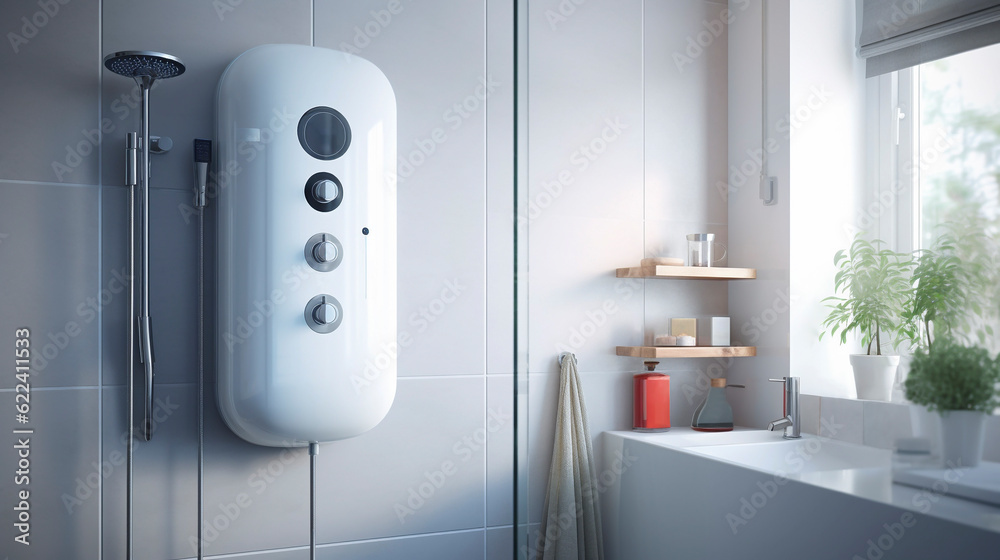 White Electric Compact Small Size Storage Water Heater, Boiler With Modern Bathroom In Condo. Hi ...