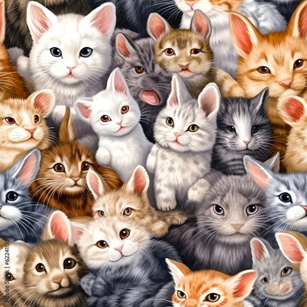 Seamless pattern with a bunch of fluffy cartoon animals sitting tightly on top of each other. AI generated. Seamless pattern with a bunch of fluffy cartoon animals sitting tightly on top of each other. AI generated.