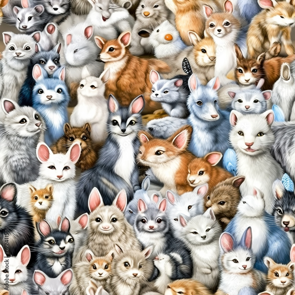 Seamless pattern with a bunch of fluffy cartoon animals sitting tightly on top of each other. AI generated. Seamless pattern with a bunch of fluffy cartoon animals sitting tightly on top of each other. AI generated.