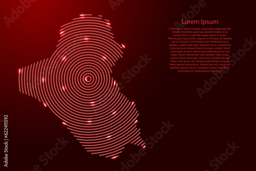 Iraq map from futuristic concentric red circles and glowing stars for banner, poster, greeting card