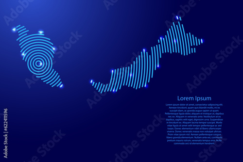 Malaysia map from futuristic concentric blue circles and glowing stars for banner, poster, greeting card