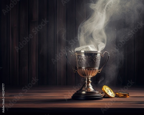 Trophy on top of wooden table in front of dark background. copy space ready for your design win concept. Created with Generative AI technology.