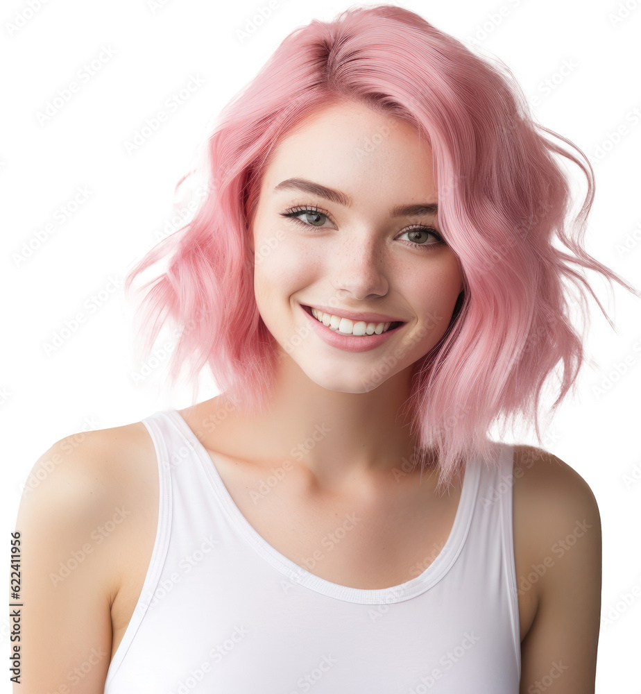 Portrait of a pretty smiling woman with pink hair isolated on white background as transparent PNG, fictional human
