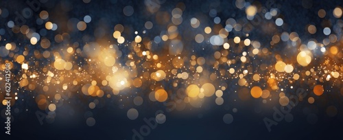 Christmas lights background in blue and gold. Creative AI