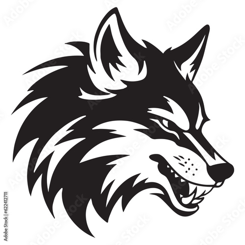 Angry Wolf Head Black and White Tattoo Illustration.