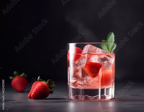 Strawberry mojito with fresh mint and ice in glass. Generative AI