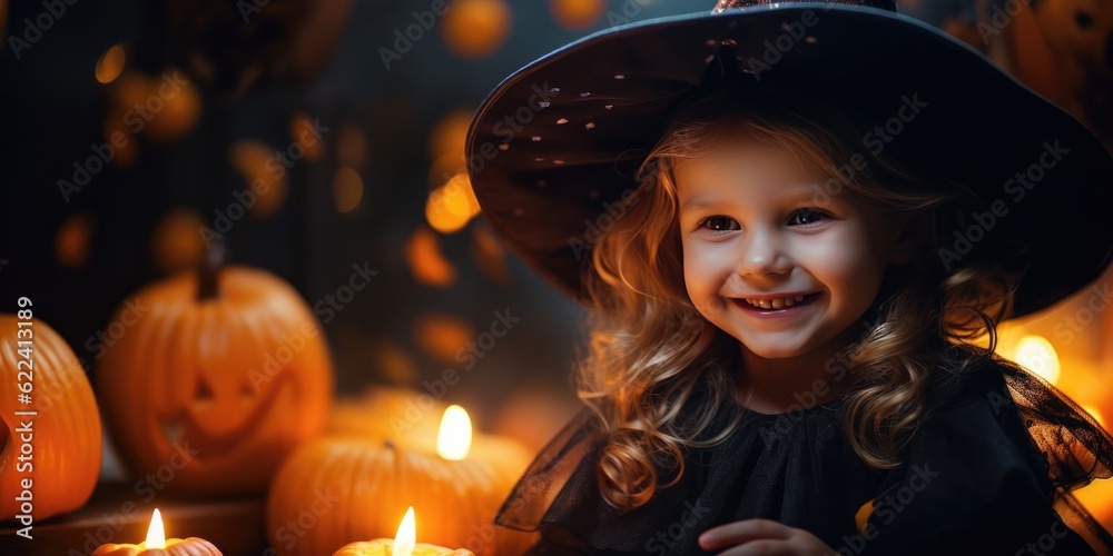Happy Halloween - Happy laughing little child girl in witch costume to halloween, generative ai Happy Halloween - Happy laughing little child girl in witch costume to halloween, generative ai