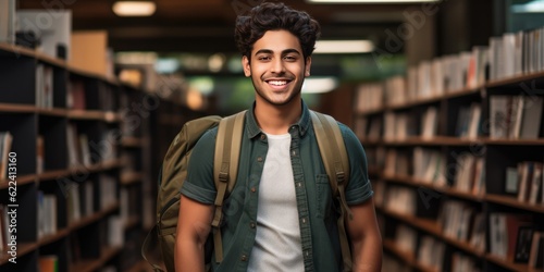 Cheerful male international Indian student with backpack, standing near bookshelves at university library or book store during break between lessons. Education concept, generative ai